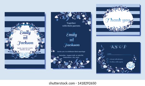set of wedding invitation card, Vintage floral  Style . Elegant Classic shape Border in deep blue  background,vector decorative greeting card 