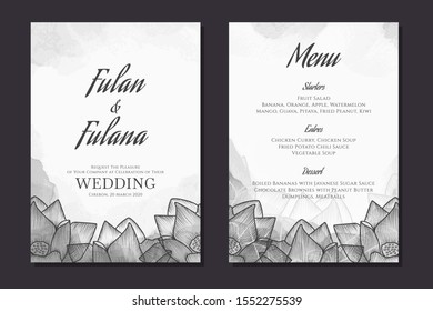 set wedding invitation card watercolor doodle hand drawn lotus flower floral plant abstract foliage rustic style background ornament decoration mockup template vector illustration