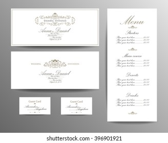 Set of wedding invitation card,menu. Template for wedding design.Classic style. Vector high quality. Golden and silver colors.