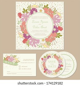 Set of wedding invitation cards or announcements with flowers (invitation, save the date card, RSVP card).