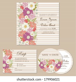 Set of wedding invitation cards or announcements with flowers (invitation, save the date card, RSVP card).