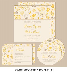 Set of wedding invitation cards or announcements with beautiful floral background (invitation, save the date card, RSVP card).