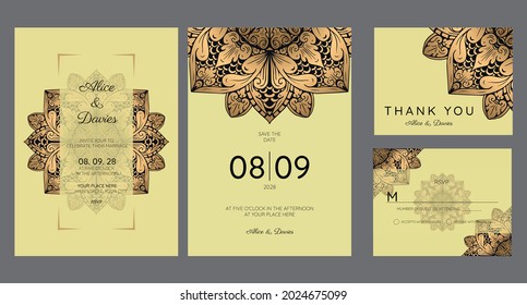 Set of Wedding Invitation, Wedding invitation cards baroque style  gold. Vintage Pattern. Retro Victorian ornament.