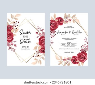 set of wedding invitation cards with beautiful hand drawn maroon maroon roses