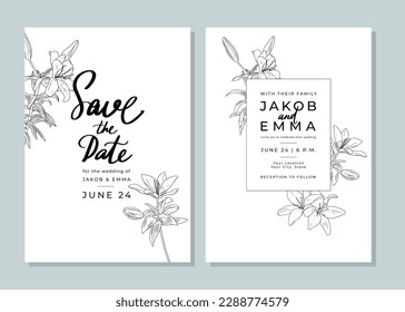 Juego de tarjetas de invitación a la boda. Plantillas en blanco y negro con flores lineales de lirio. Guarda la fecha. Diseño de diseño con elementos botánicos y tipografía manuscrita. Arte de línea