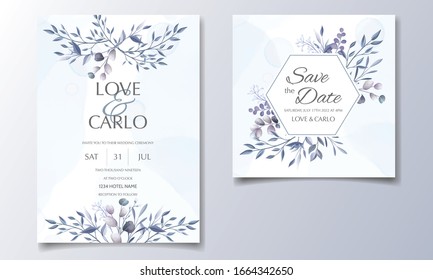 Set of wedding invitation cards with blue floral and leaves  template design