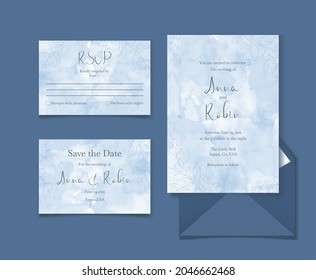 Set of wedding invitation cards with blue envelope and rsvp card on watercolor blue background.