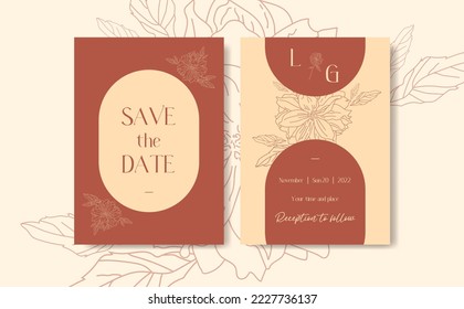 Set of wedding invitation cards with  brown floral design and leaves. Save the date. Hand drawn flower Dahlia pinnata.