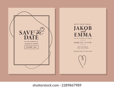 Set of wedding invitation cards. Classical style black and beige templates with linear elements. Save the date. Layout design with handwritten typography and frame. RSVP