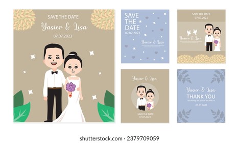 Set of wedding invitation cards with cute cartoon bride and groom. Vector illustration