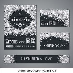 Set Of Wedding Invitation Cards Design. Silver Confetti And Black Background. Vector Illustration. Save The Date. Retro Figured Label. Typographic Template For Your Text.  Glittering Dust.