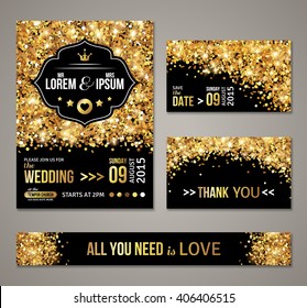 Set of wedding invitation cards design. Gold confetti and black background. Vector illustration. Save the date. Retro figured label. Typographic template for your text. Glittering dust.