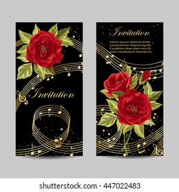 Set of wedding invitation cards design. Beautiful red roses and gold music notes on dark background. Vector illustration.