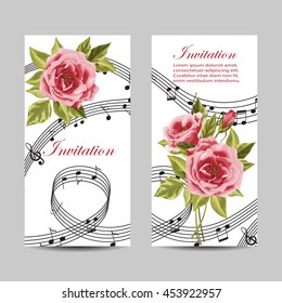 Set of wedding invitation cards design. Beautiful pink roses and music notes on white background. Vector illustration.