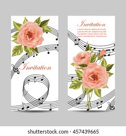 Set of wedding invitation cards design. Beautiful roses and music notes on white background. Vector illustration.