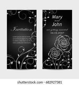 Set of wedding invitation cards design. Silver plant pattern with shadow on dark background. Vector illustration.