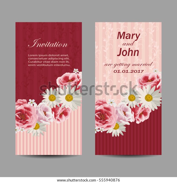 Set of wedding\
invitation cards design. Beautiful flowers on vintage background.\
Vector illustration.