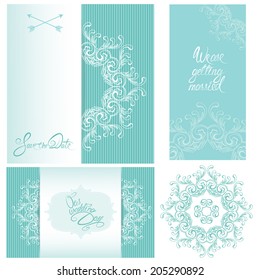 Set of Wedding invitation cards with floral elements, calligraphic handwritten text, background stripped patterns in blue colors.
