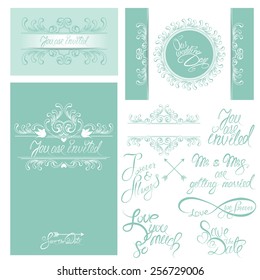 Set of Wedding invitation cards with floral elements, calligraphic handwritten text, background in blue colors.