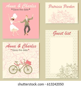 Set of wedding invitation cards with a floral pattern and a colorful illustration of a dancing couple. Templates