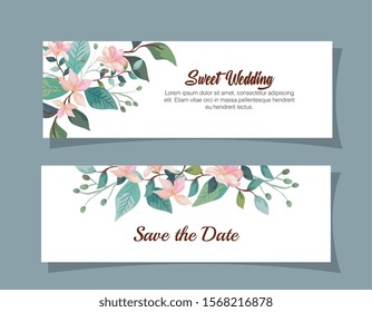 set wedding invitation cards with flowers decoration vector illustration design