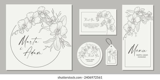 Set of wedding invitation cards with flowers orchids and floral elements. Vector illustration.