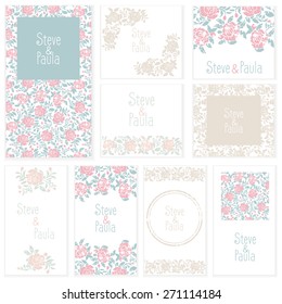 set of wedding invitation cards with grunge flowers