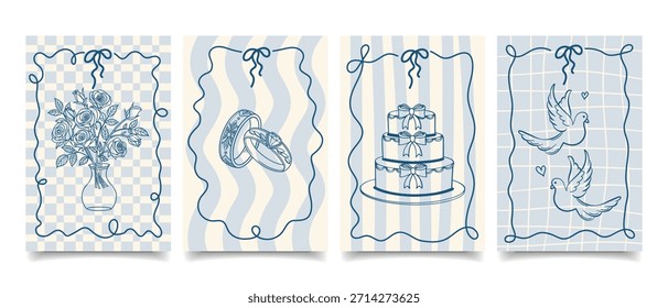 Conjunto de tarjetas de invitación de boda con Elementos dibujados a mano. Tarjetas de felicitación de lujo. Boceto.