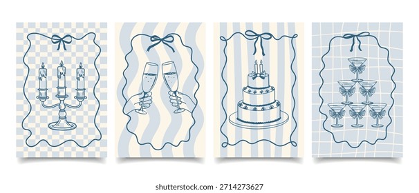 Set of wedding invitation cards with hand drawn elements. Fancy greeting cards. Sketch.