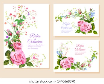 Set wedding invitation cards. Horizontal, vertical templates with pink roses, forget-me-nots, gypsophile flowers, asparagus twigs on white background. Illustration in watercolor style, vector frames