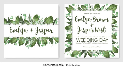 Set wedding invitation cards, invite a card. Vector watercolor style, forest greens, greens, eucalyptus, lily leaves, botanical green. Horizontal exquisite white frame. Greeting card