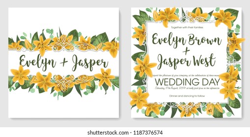 Set wedding invitation cards, invite a card. Vector watercolor style, forest greens, greens, eucalyptus, yellow lilly, botanical green. Horizontal exquisite white frame. Good model
