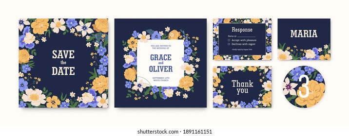 Set of wedding invitation cards and labels with flowers. Floral elegant save the date templates with delphiniums, irises, clematis, peonies and roses. Colorful flat vector illustration.
