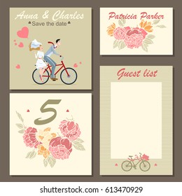 Set of wedding invitation cards and labels with a floral pattern and illustration of a couple on a bicycle. Templates