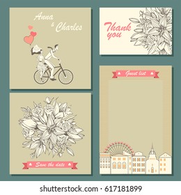 Set of wedding invitation cards and labels with a hand-drawn floral pattern and illustration of a couple on a bicycle. Templates