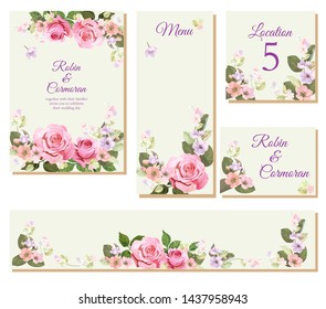 Set wedding invitation cards, layout menu, rsvp, label, save the date mock up. Templates with pink roses flowers, spring blossom. Illustration in watercolor vintage style, frames for design, vector