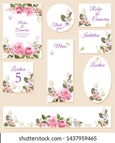 Set wedding invitation cards, layout menu, rsvp, label, save the date mock up. Templates with pink roses flowers, spring blossom. Illustration in watercolor vintage style, frames for design, vector