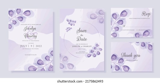 Set of wedding invitation cards with purple eucalyptus branches and watercolor splashes on a lilac background.