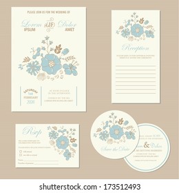 Set of wedding invitation cards (invitation, RSVP card, reception, save the date card)