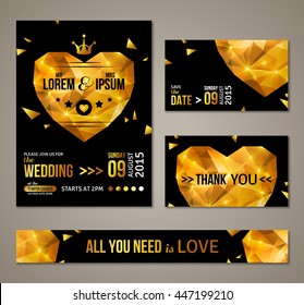 Set of wedding invitation cards template with abstract polygonal gold heart. Vector illustration. Flying golden fragments on black background.