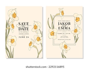 Set of wedding invitation cards. Templates with  white daffodils. Vintage botanical pattern with flowers. Save the date. Layout design with retro illustration with outline