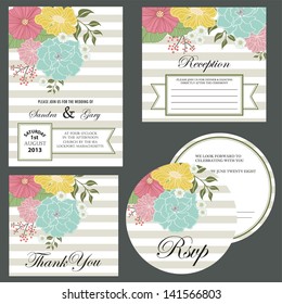 Set of wedding invitation cards (invitation, thank you card, RSVP card, reception)