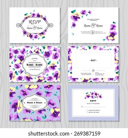 Set of Wedding Invitation Cards. Vector Templates with Pansy Flowers, Labels and Frames.