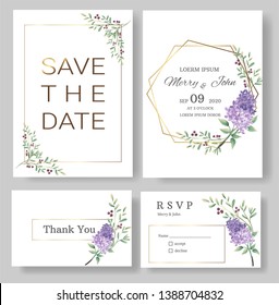 Set of Wedding invitation Card,save the date thank you card,rsvp with floral   and leaves, gold border, watercolor style for printing, badge.vector illustration