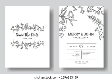 Set of Wedding invitation Card,save the date thank you card with floral   and leaves, border hand drawn style for printing, badge.vector illustration