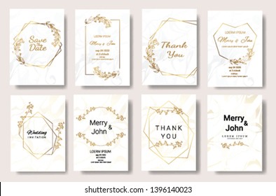 Set of Wedding invitation Card,save the date thank you card with floral   and leaves, border and frame on marble background for printing, badge.vector illustration