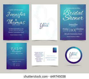 Set of wedding invitation cards/Bridal shower/RSVP cards/Thank you stickers.Deep Blue color tone and Modern Structure of Islamic architecture.Vector/Illustration