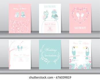 Conjunto de tarjetas de invitación para bodas, póster, plantilla, tarjetas de felicitación, animales, pájaro,búho,ilustraciones vectoriales
