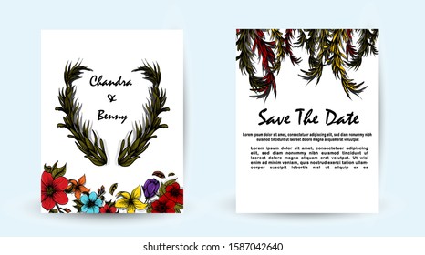 Set of Wedding invitation with colorful flower rose, tulip and leaves. Card ornament concept. Floral poster, invite. Vector decorative greeting card template design