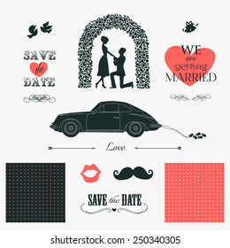 Set of wedding invitation design elements: silhouette of bride and groom, wedding car, birds, bells, archway, moustache and lips. Vintage designers toolkit and typographic elements